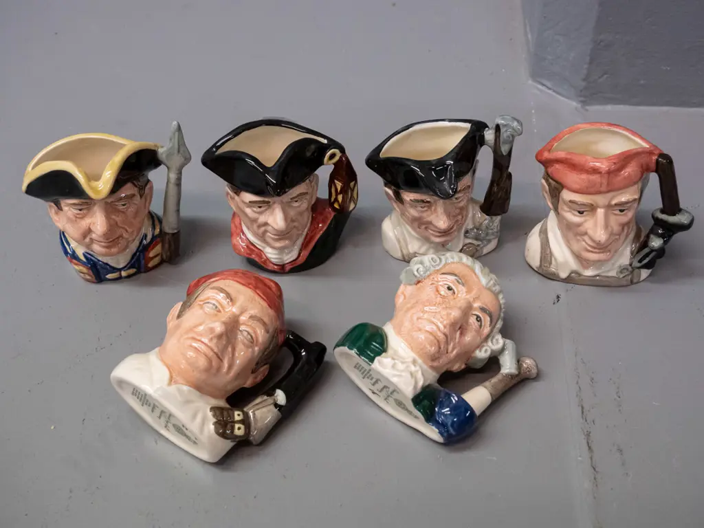 6 small Royal Doulton Characters from Williamsburg character jugs, approx. H-60. See photos for names Image 1++