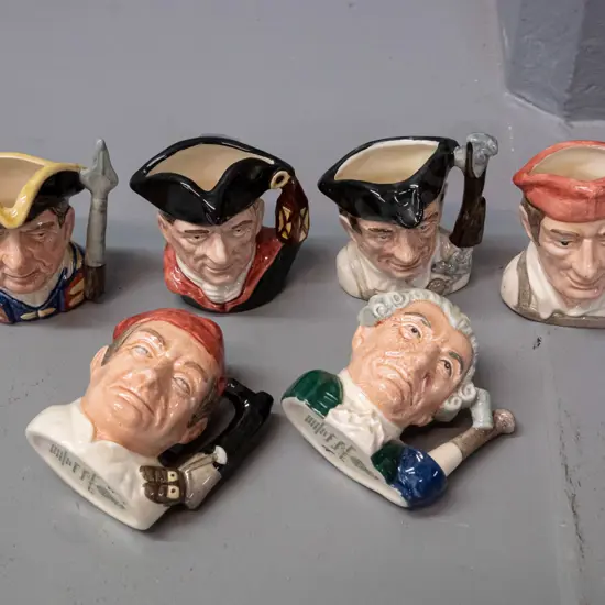 6 small Royal Doulton Characters from Williamsburg character jugs, approx. H-60. See photos for names