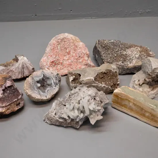 assorted semi-precious stone and mineral specimens - some part sliced or polished, including geodes and crystalline,