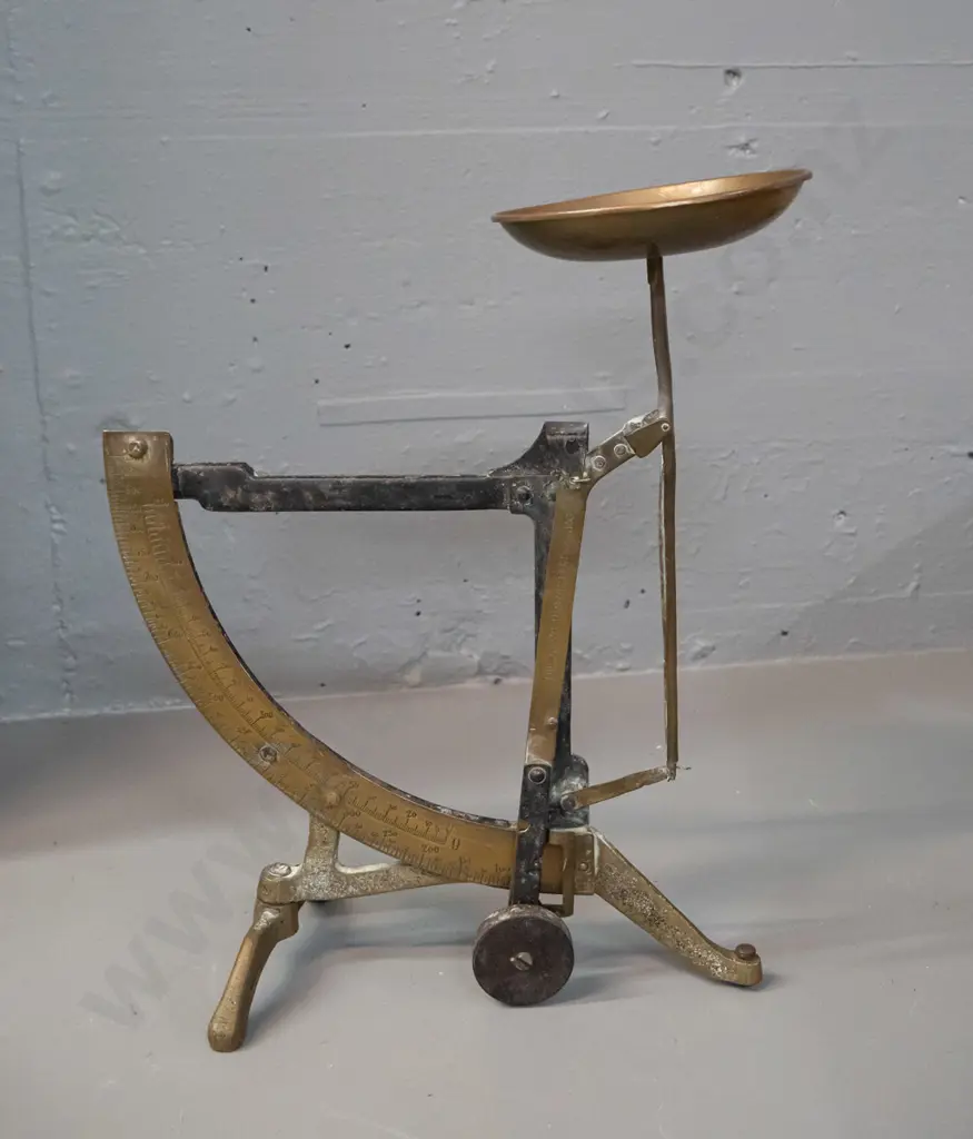 vintage brass folding swing-arm balance scales marked "dilarang untuk berdagang" which is Malay according to Google. Image 1++