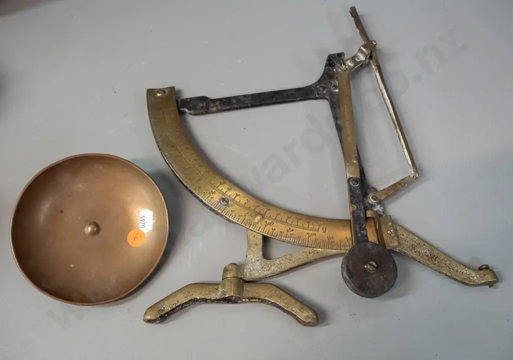 vintage brass folding swing-arm balance scales marked "dilarang untuk berdagang" which is Malay according to Google. Image 1++