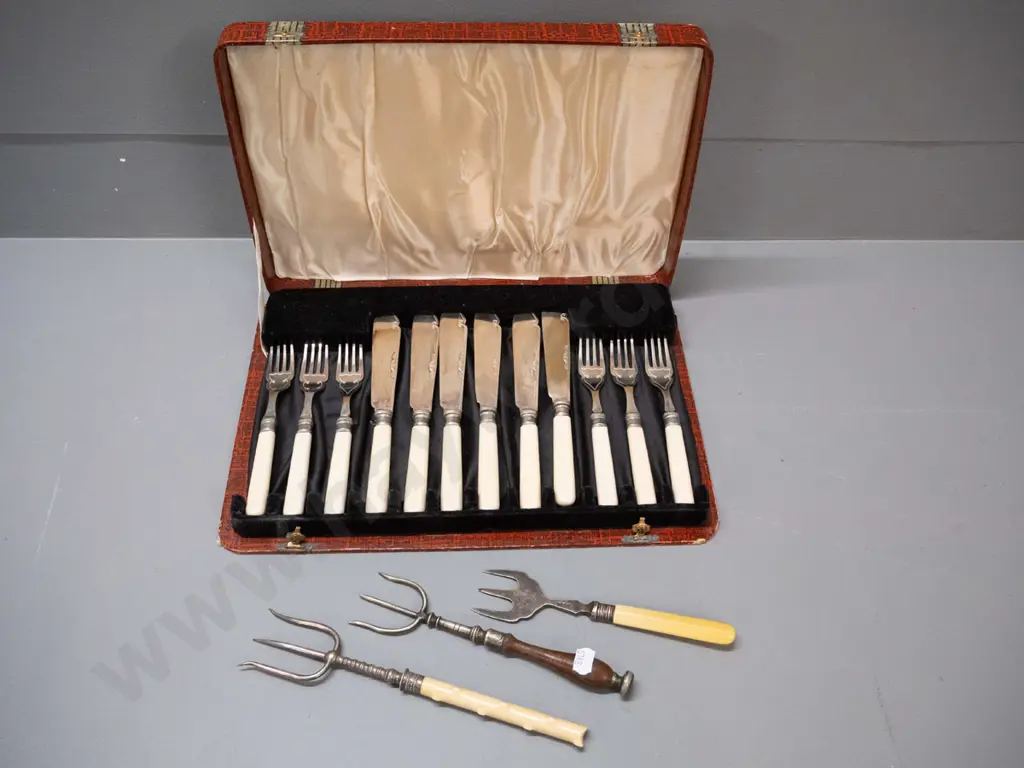 vintage cased fish set with faux bone handles and 3 vintage forks, 2 with bone handles - some wear to case W-335 D-240 Image 1++