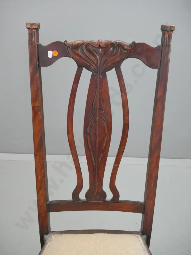 art nouveau beech bedroom chair with stylized flower back splat, upholstered seat, turned stretcher base - some chips Image 1++