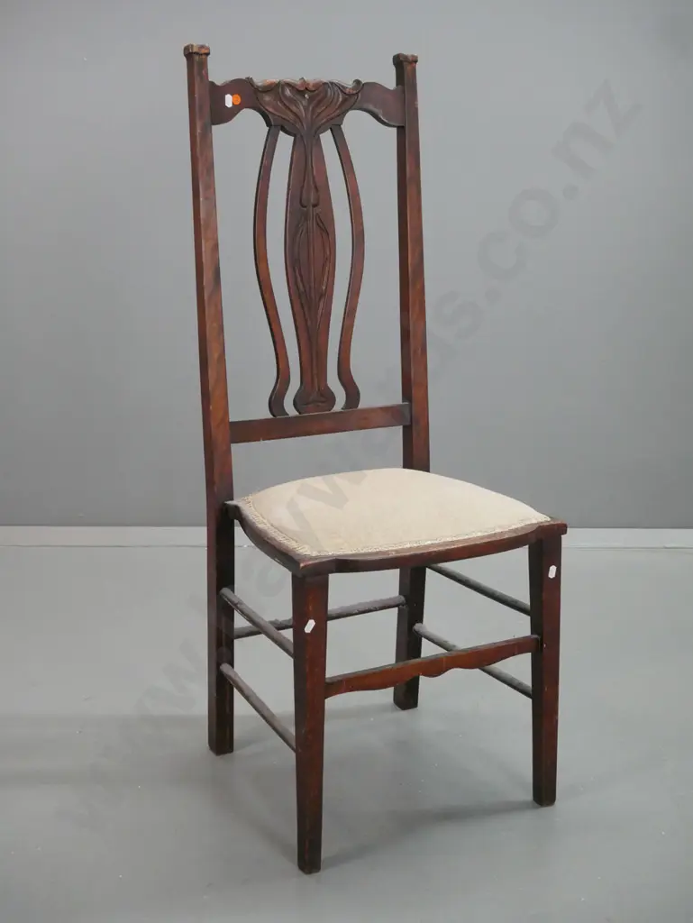 art nouveau beech bedroom chair with stylized flower back splat, upholstered seat, turned stretcher base - some chips Image 1++