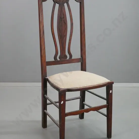 art nouveau beech bedroom chair with stylized flower back splat, upholstered seat, turned stretcher base - some chips