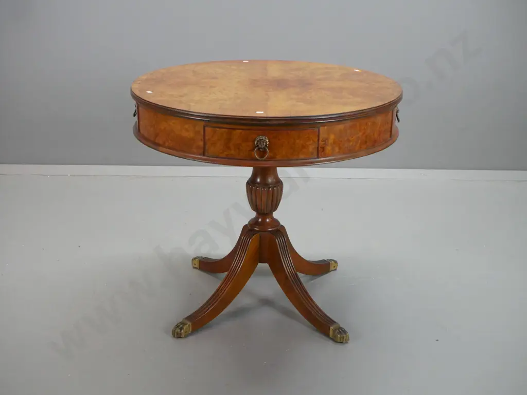 vintage walnut drum table with 2 working drawers, 2 false drawers, with cast metal lion's head handles, on fluted Image 1++