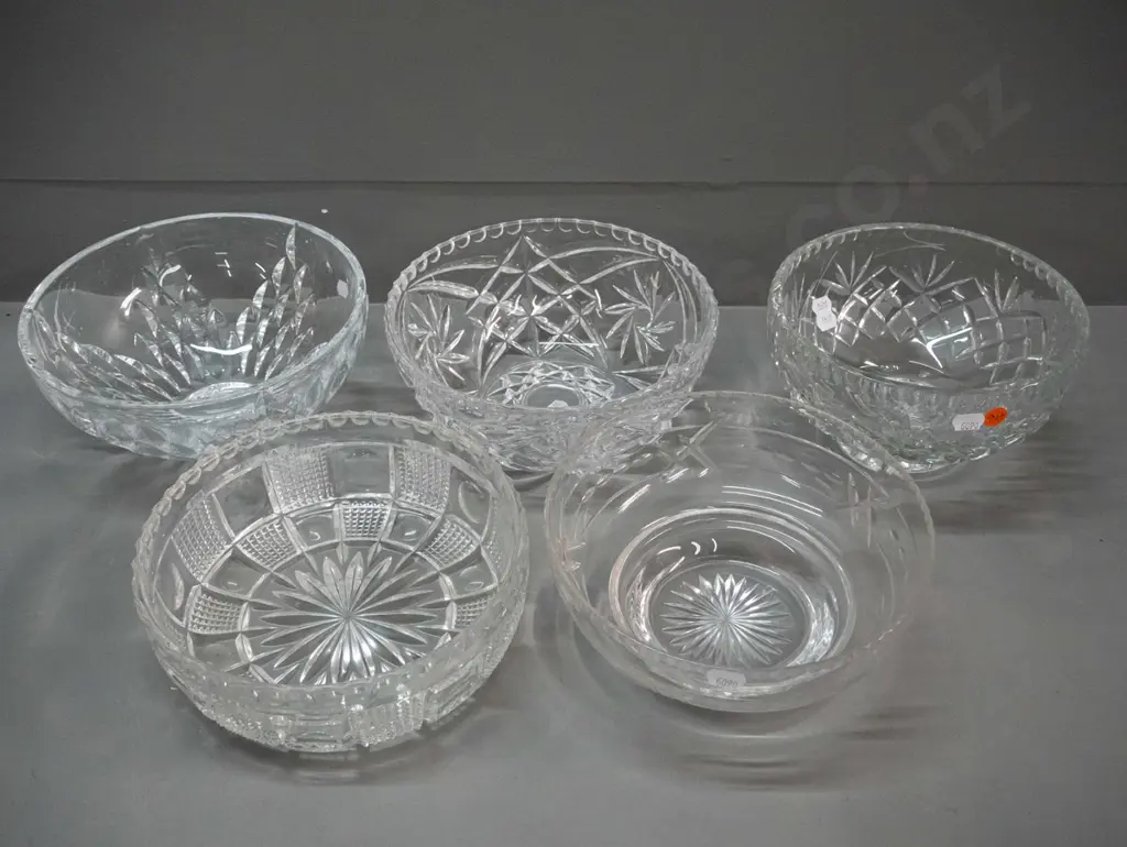 5 crystal salad bowls, different patterns, one is footed H-115 D-190 Image 1++