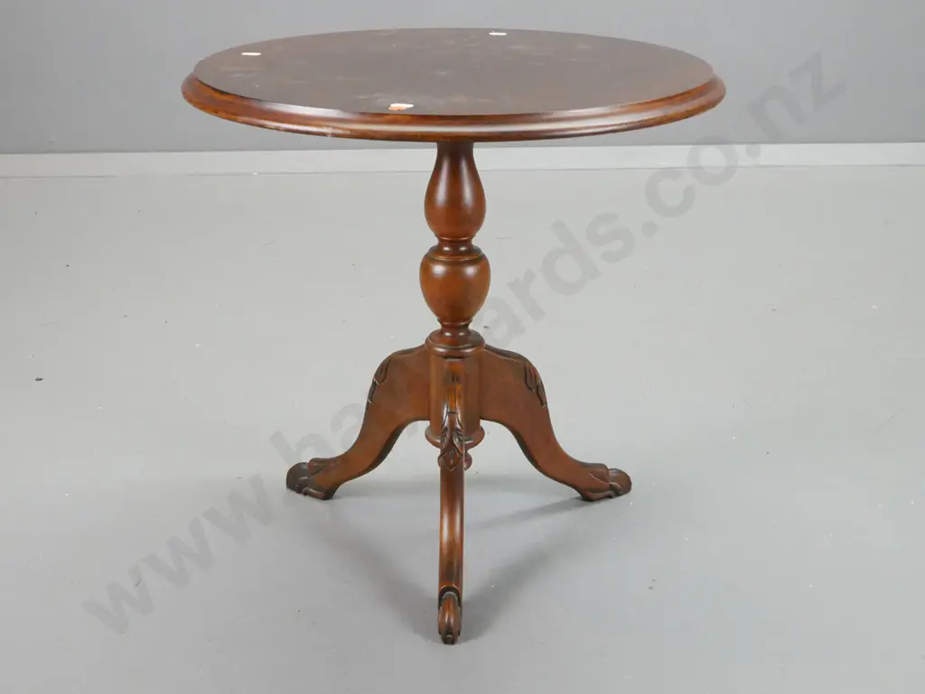 reproduction mahogany topped wine table on beech turned column on 3 carved mahogany feet - scratches to surface, damage Image 1++