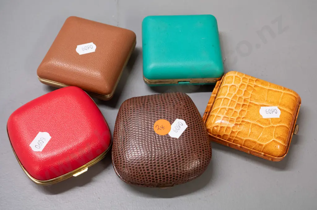 collection of 5 vintage clamshell travel alarm clocks - Equity, Blessing, Junghans and 2 Rhythm Image 1++