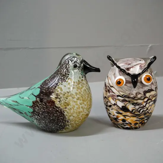 2 art glass birds - owl H-120 W-100 and one other with pointy tail L-210