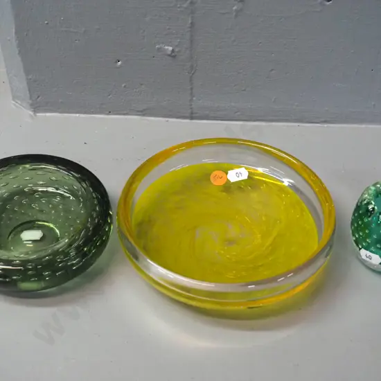 3 pieces of art glass - small vase and 2 dishes, 2 are bubble glass, yellow swirl dish is Diameter 170
