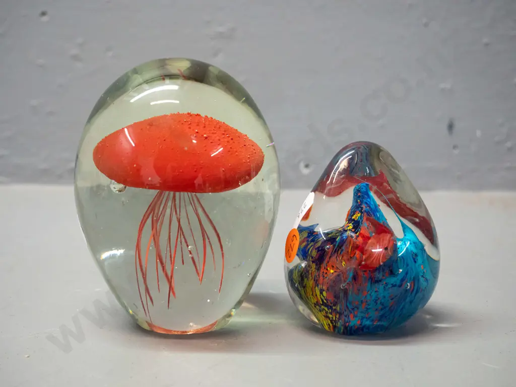 2 art glass paperweights - red jellyfish H-110 and smaller one with undersea fish motif Image 1++