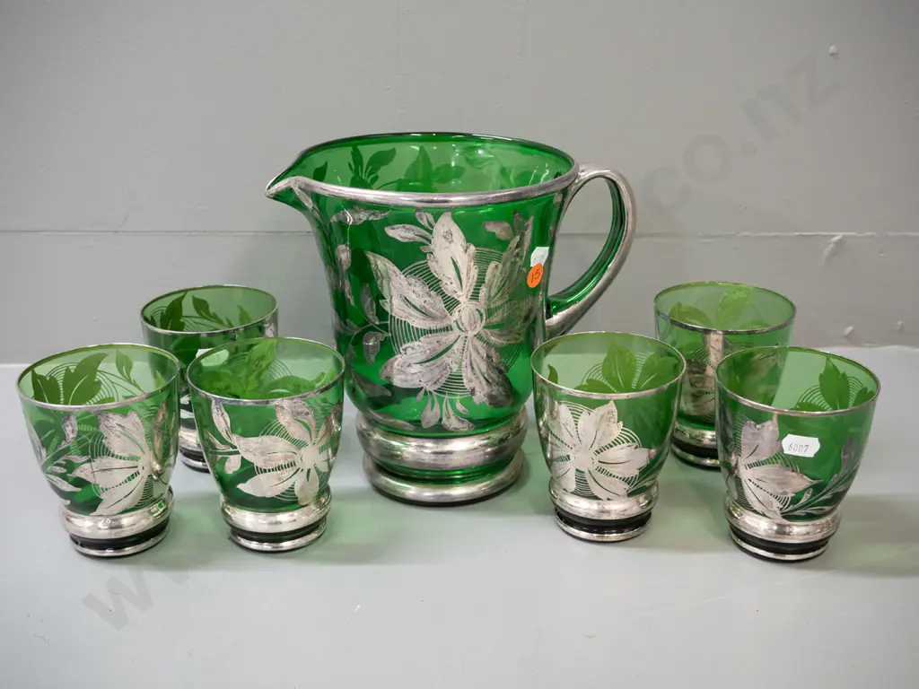 retro emerald green glass & silver water set with jug and 6 tumblers - some bubbling and discolouration to silver - jug Image 1++