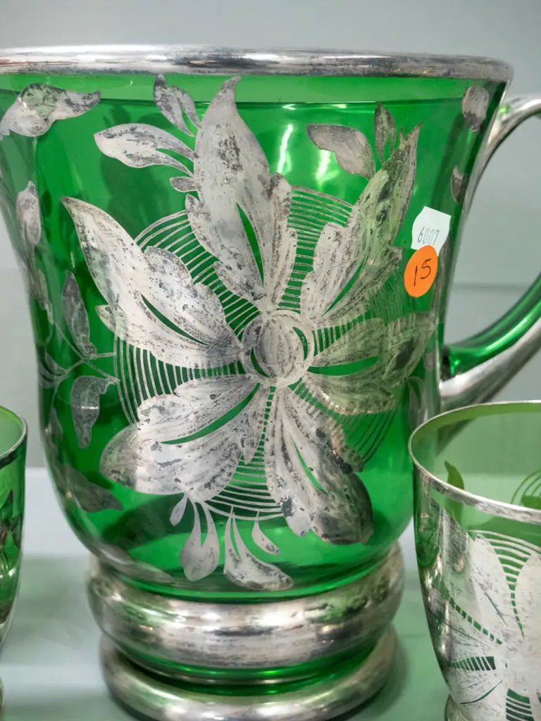 retro emerald green glass & silver water set with jug and 6 tumblers - some bubbling and discolouration to silver - jug Image 1++