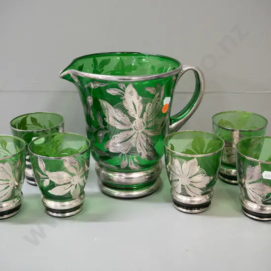 retro emerald green glass & silver water set with jug and 6 tumblers - some bubbling and discolouration to silver - jug