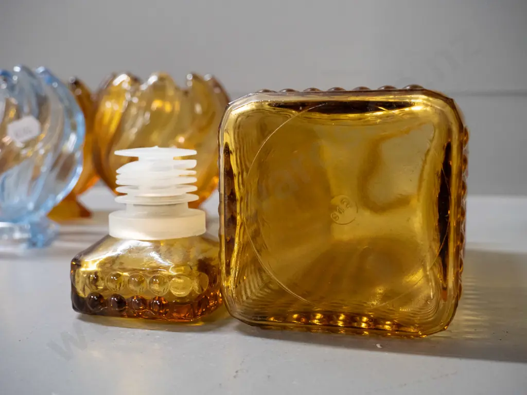 5 retro moulded glass items: amber jug, retro stoppered square decanter H-255 & 3 bud vases with moulded Made in England Image 1++