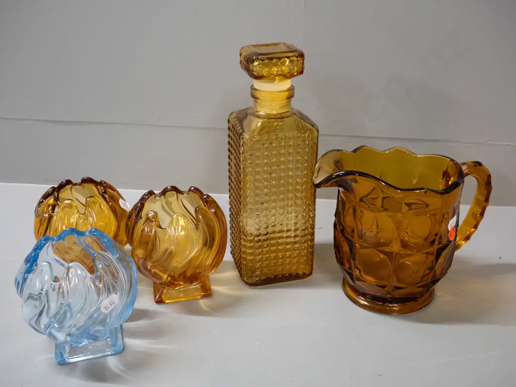 5 retro moulded glass items: amber jug, retro stoppered square decanter H-255 & 3 bud vases with moulded Made in England Image 1++