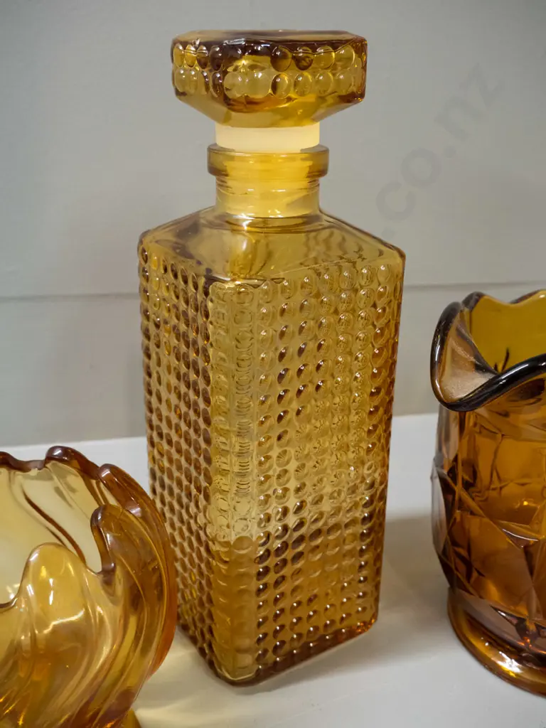 5 retro moulded glass items: amber jug, retro stoppered square decanter H-255 & 3 bud vases with moulded Made in England Image 1++
