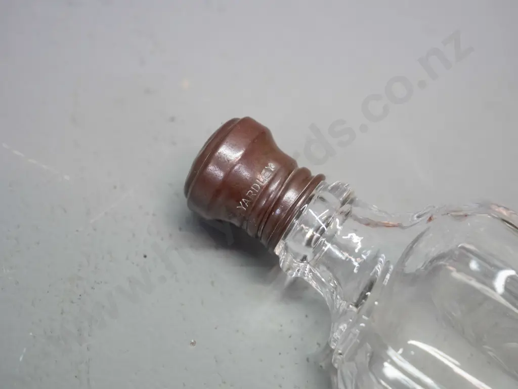 6 scent bottles - 2 with copper caps, one with Rhine Lavender label, one with hardened atomizer - tallest one H-160 Image 1++