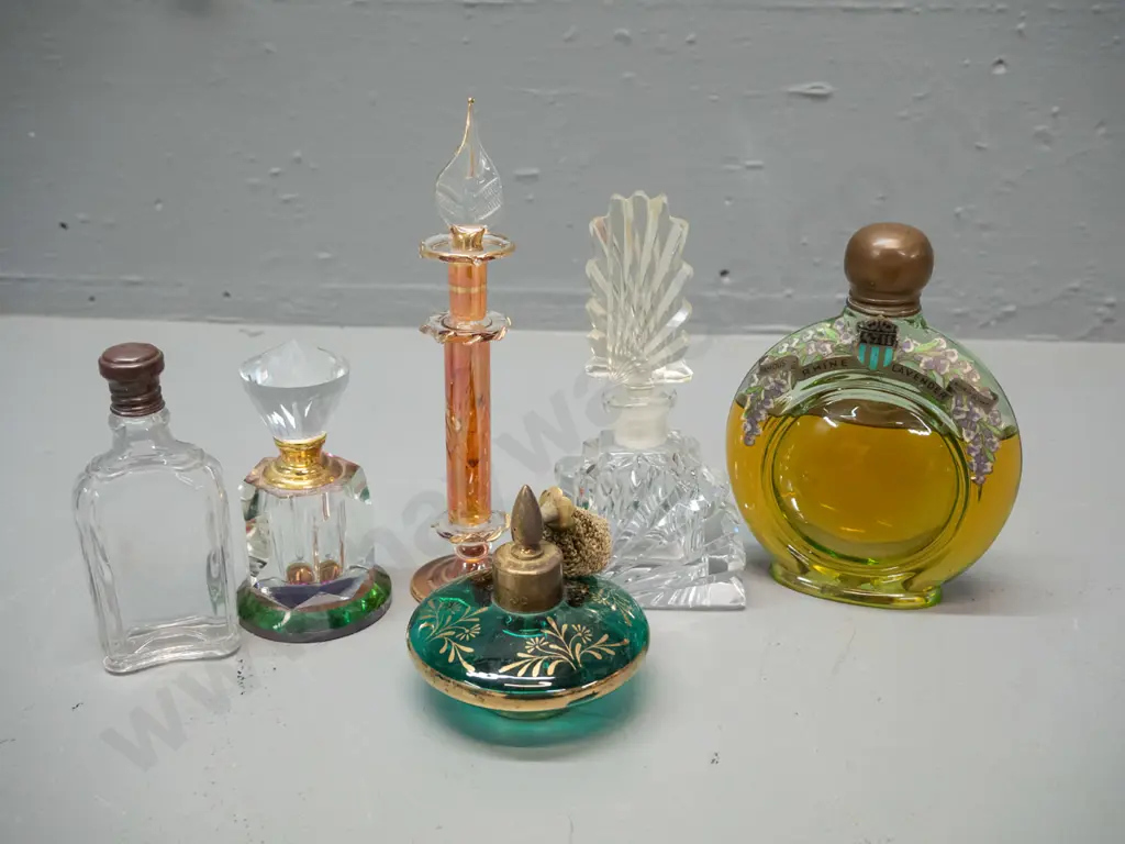 6 scent bottles - 2 with copper caps, one with Rhine Lavender label, one with hardened atomizer - tallest one H-160 Image 1++