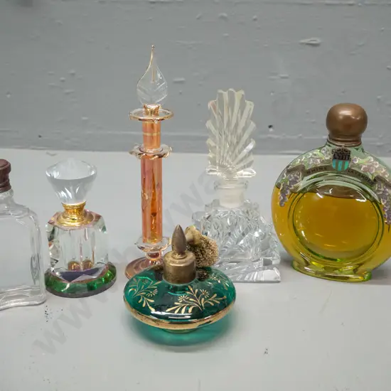 6 scent bottles - 2 with copper caps, one with Rhine Lavender label, one with hardened atomizer - tallest one H-160