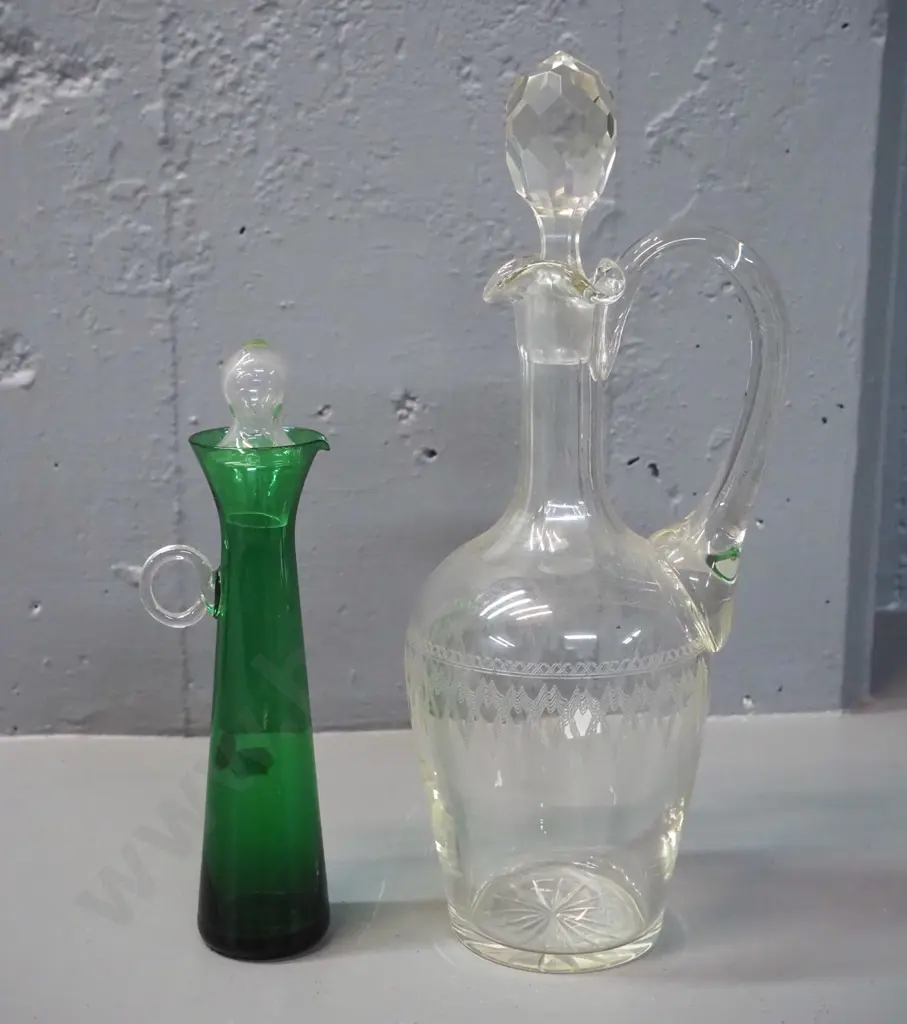 clear etched crystal stoppered decanter H-300 W-120 and a small fine green and clear glass stoppered bottle Image 1++
