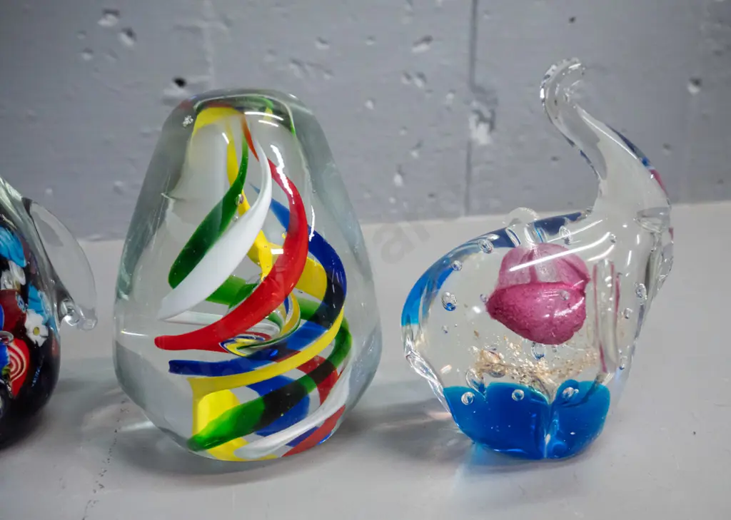5 art glass animals - 2 penguins H-120, one is millefiore style, a relief kiwi, multi colour swirl paperweight and an Image 1++