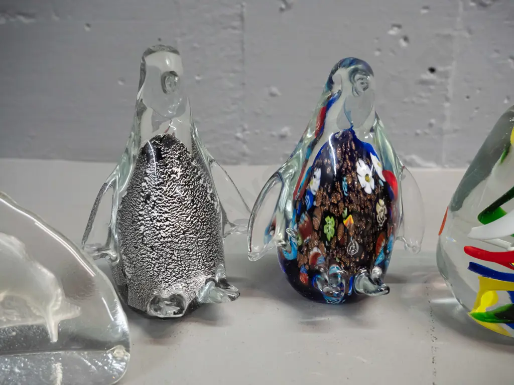 5 art glass animals - 2 penguins H-120, one is millefiore style, a relief kiwi, multi colour swirl paperweight and an Image 1++
