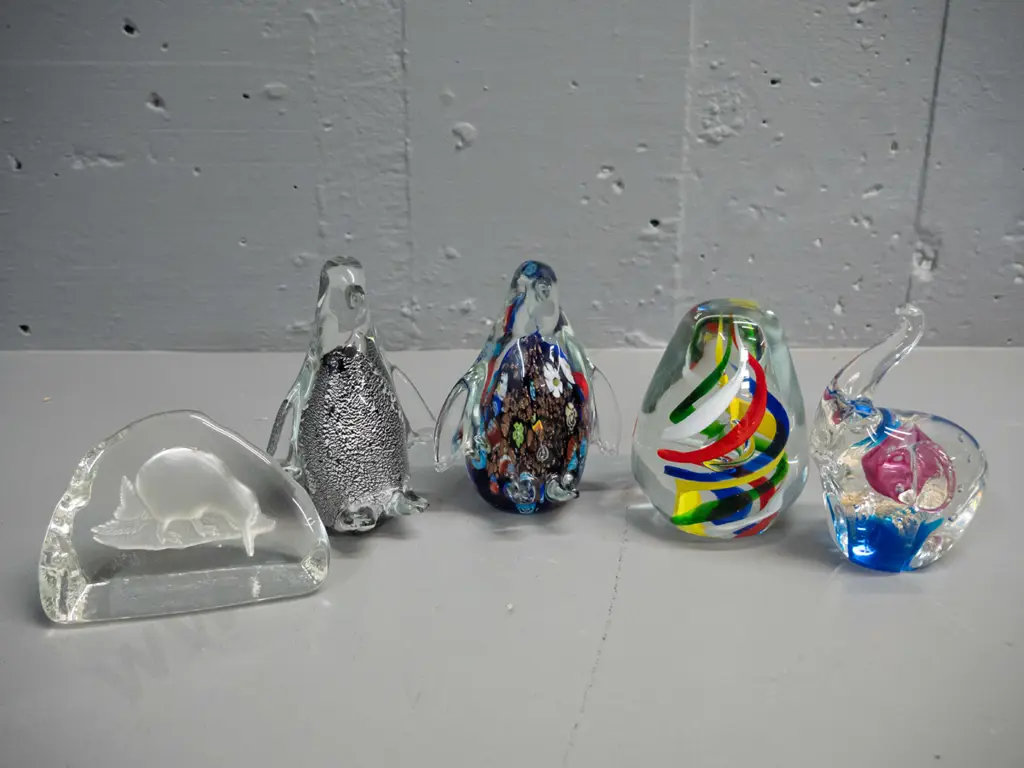 5 art glass animals - 2 penguins H-120, one is millefiore style, a relief kiwi, multi colour swirl paperweight and an Image 1++
