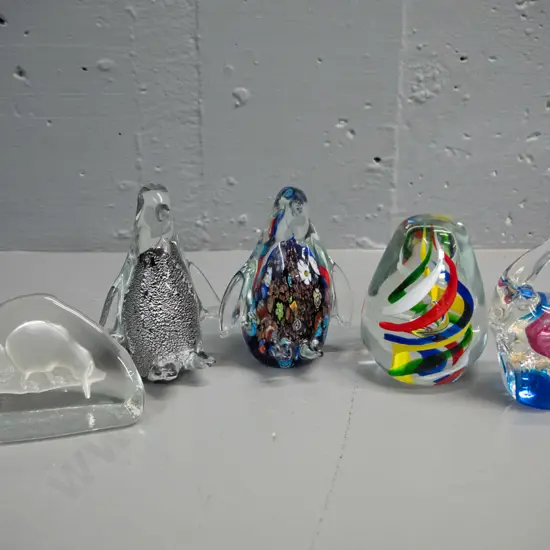 5 art glass animals - 2 penguins H-120, one is millefiore style, a relief kiwi, multi colour swirl paperweight and an