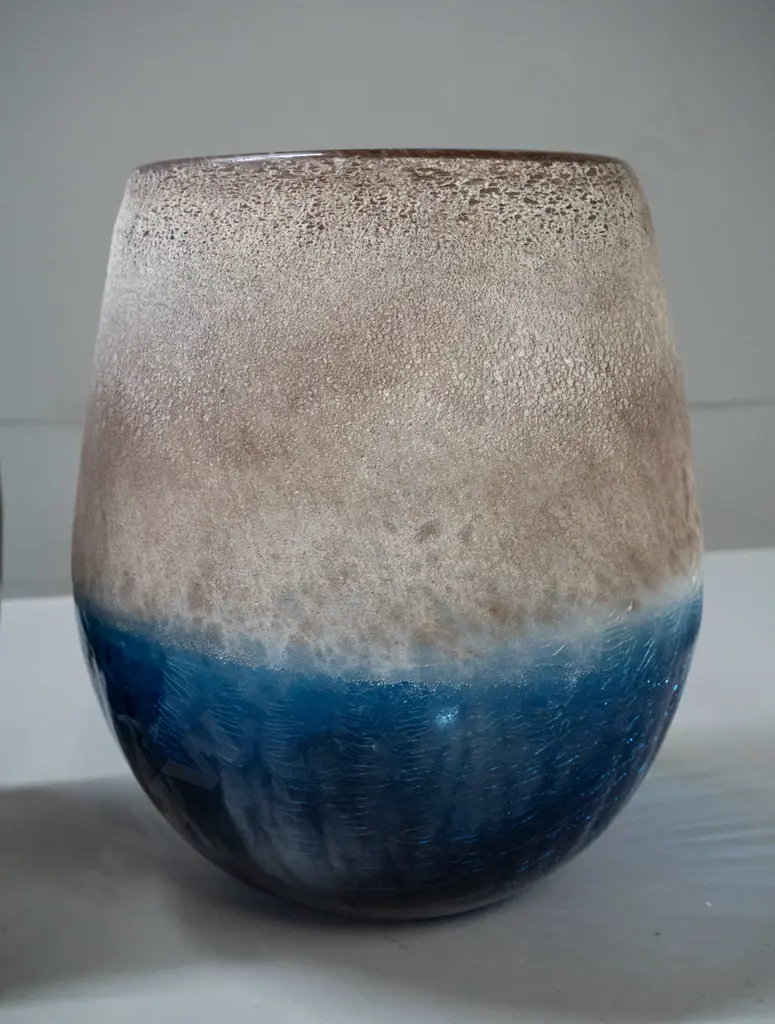 2 art glass vases - bronze metallic and dark brown with shaped rim H-260 and a crackle effect blue & mottled brown Image 1++