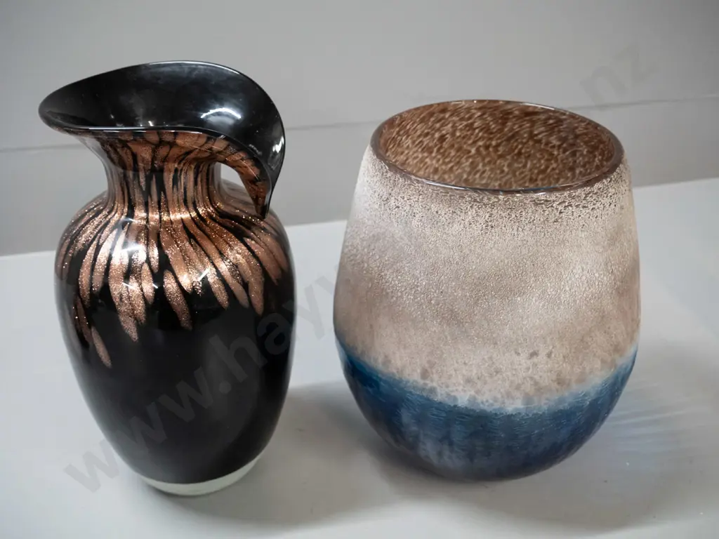 2 art glass vases - bronze metallic and dark brown with shaped rim H-260 and a crackle effect blue & mottled brown Image 1++