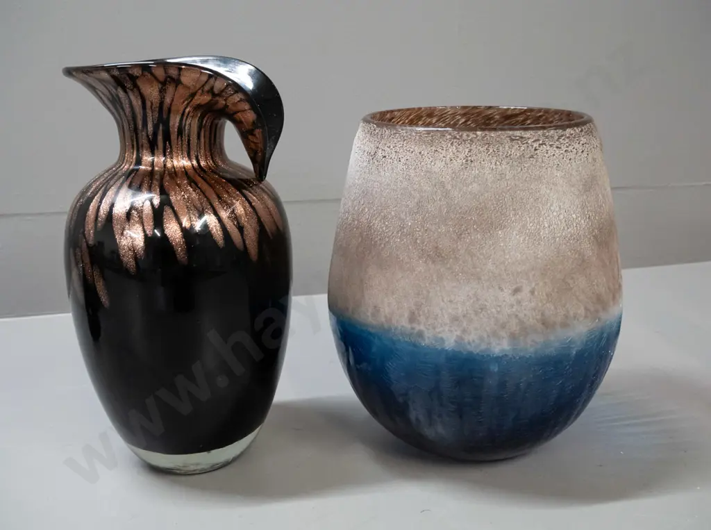 2 art glass vases - bronze metallic and dark brown with shaped rim H-260 and a crackle effect blue & mottled brown Image 1++