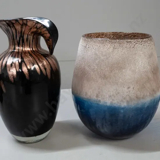 2 art glass vases - bronze metallic and dark brown with shaped rim H-260 and a crackle effect blue & mottled brown