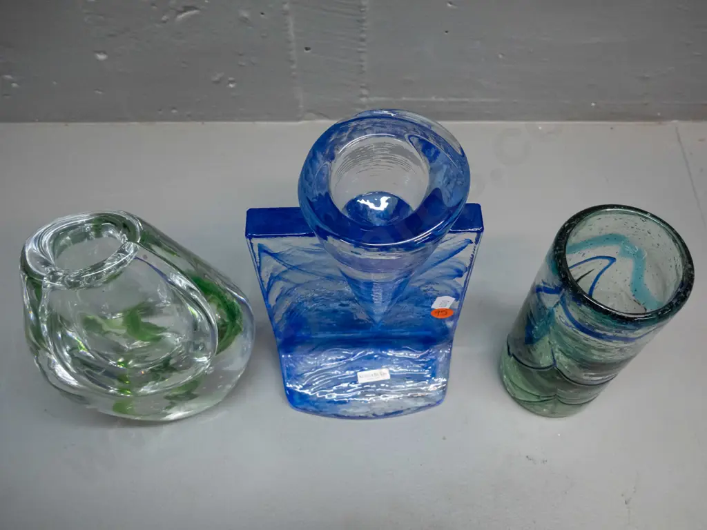 3 art glass vases - deco shaped Kosta Boda clue and clear H-195 W-120 & cylinder shaped with textured glass and a Kosta Image 1++