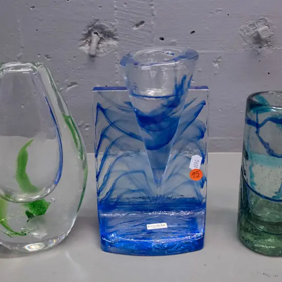 3 art glass vases - deco shaped Kosta Boda clue and clear H-195 W-120 & cylinder shaped with textured glass and a Kosta