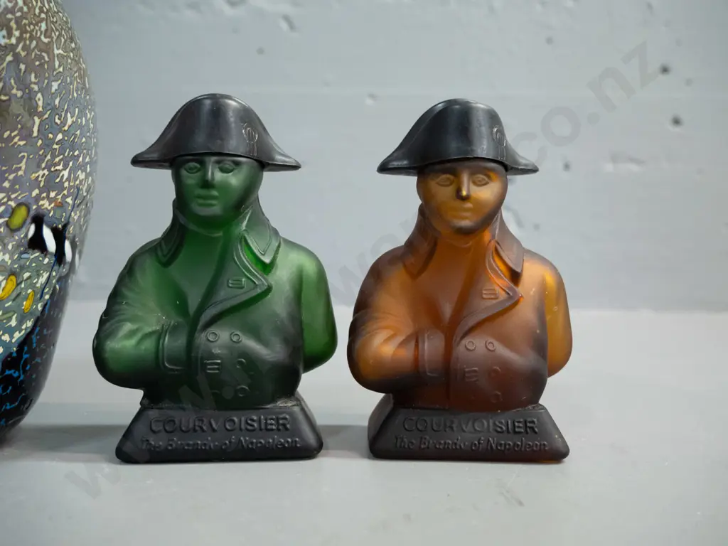 2 frosted glass Courvoisier Napoleon figural miniature bottles with plastic hat lids, multi-coloured Kosta Boda art Image 1++