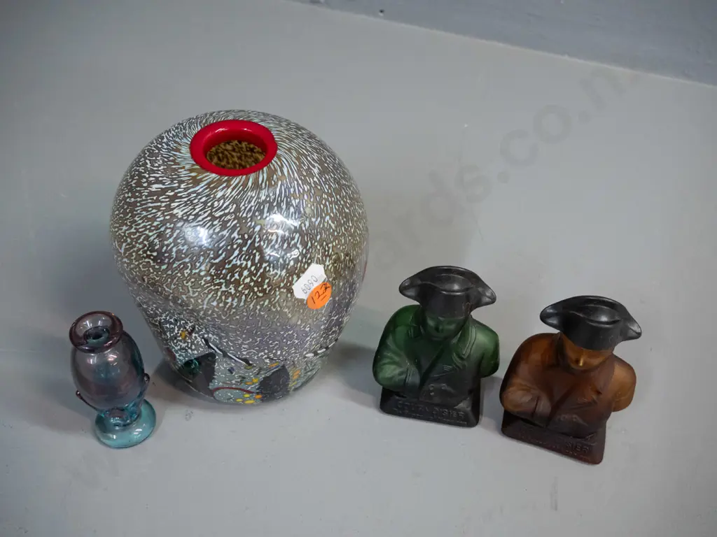 2 frosted glass Courvoisier Napoleon figural miniature bottles with plastic hat lids, multi-coloured Kosta Boda art Image 1++