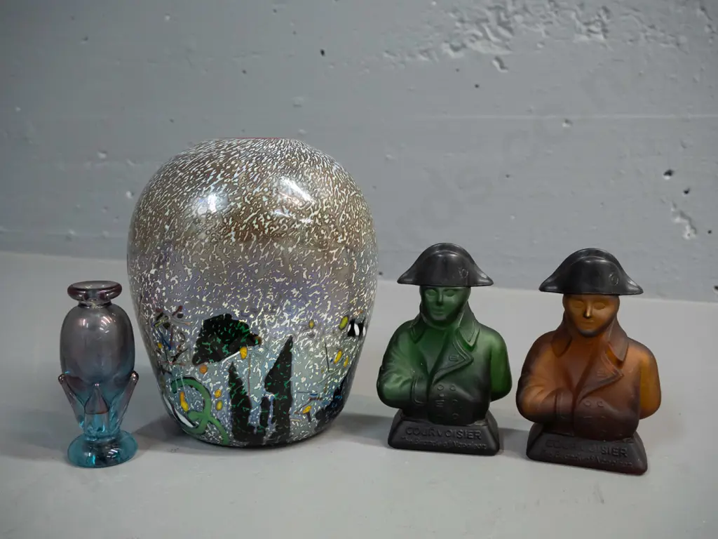 2 frosted glass Courvoisier Napoleon figural miniature bottles with plastic hat lids, multi-coloured Kosta Boda art Image 1++