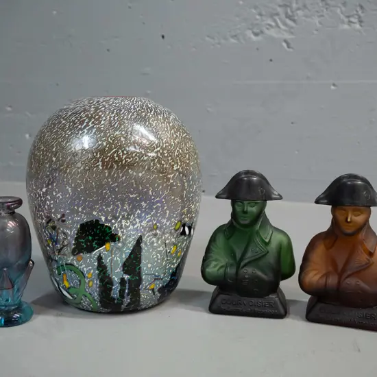 2 frosted glass Courvoisier Napoleon figural miniature bottles with plastic hat lids, multi-coloured Kosta Boda art