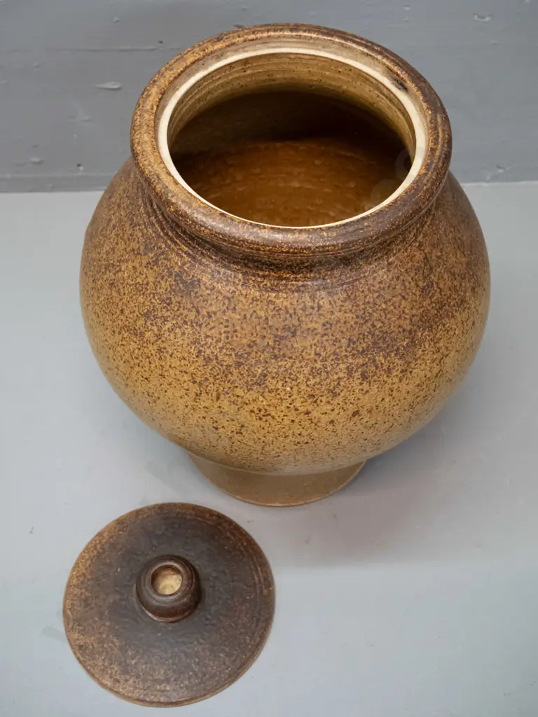 large studio pottery lidded urn/pot, unknown potter's mark to base H-345 D-250 Image 1++