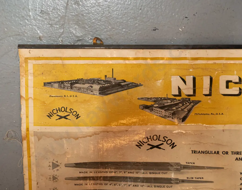 vintage advertising poster for Nicholson files - factories in USA, Canada, Holland, on thin metal hanger, some creasing Image 1++