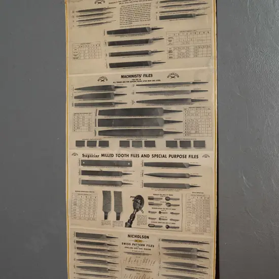 vintage advertising poster for Nicholson files - factories in USA, Canada, Holland, on thin metal hanger, some creasing