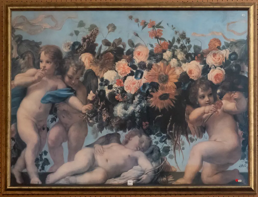 large gilt framed print, cherubs & flowers H-890 W-1190 Image 1++
