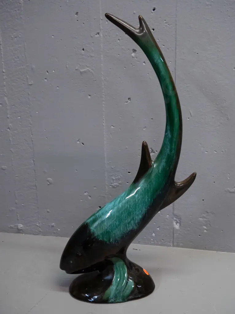 Blue Mountain teal pottery large diving fish figure H-475 W-240 Image 1++