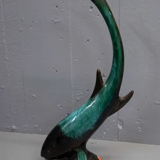 Blue Mountain teal pottery large diving fish figure H-475 W-240