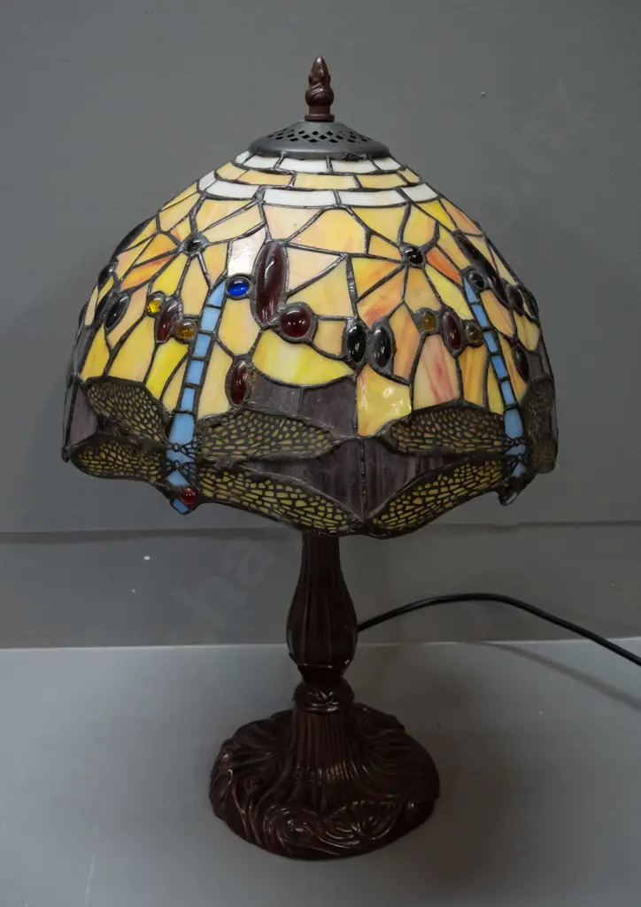 reproduction Tiffany style dragonfly leadlight table lamp with cast metal base H-470 Shade D-300 Image 1++