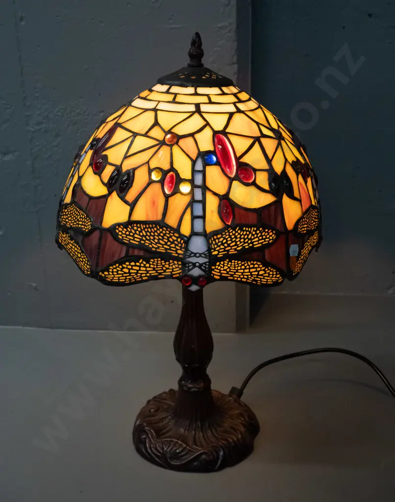 reproduction Tiffany style dragonfly leadlight table lamp with cast metal base H-470 Shade D-300 Image 1++