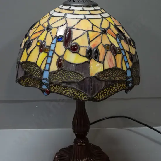 reproduction Tiffany style dragonfly leadlight table lamp with cast metal base H-470 Shade D-300