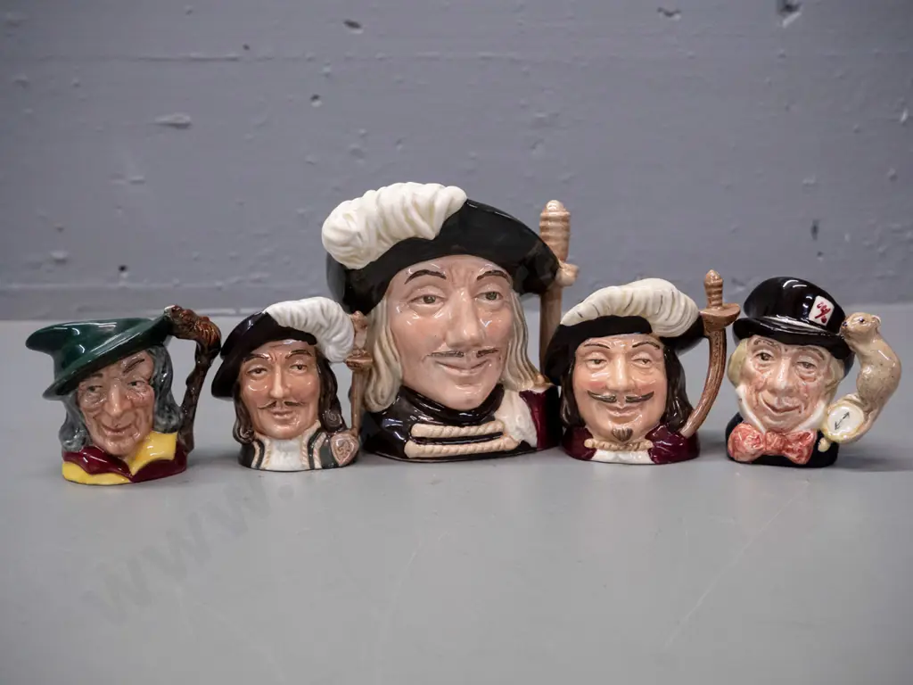 5 small to medium size Royal Doulton character jugs - Pied Piper, Mad Hatter, Athos, Porthos and larger Aramis H-100 Image 1++